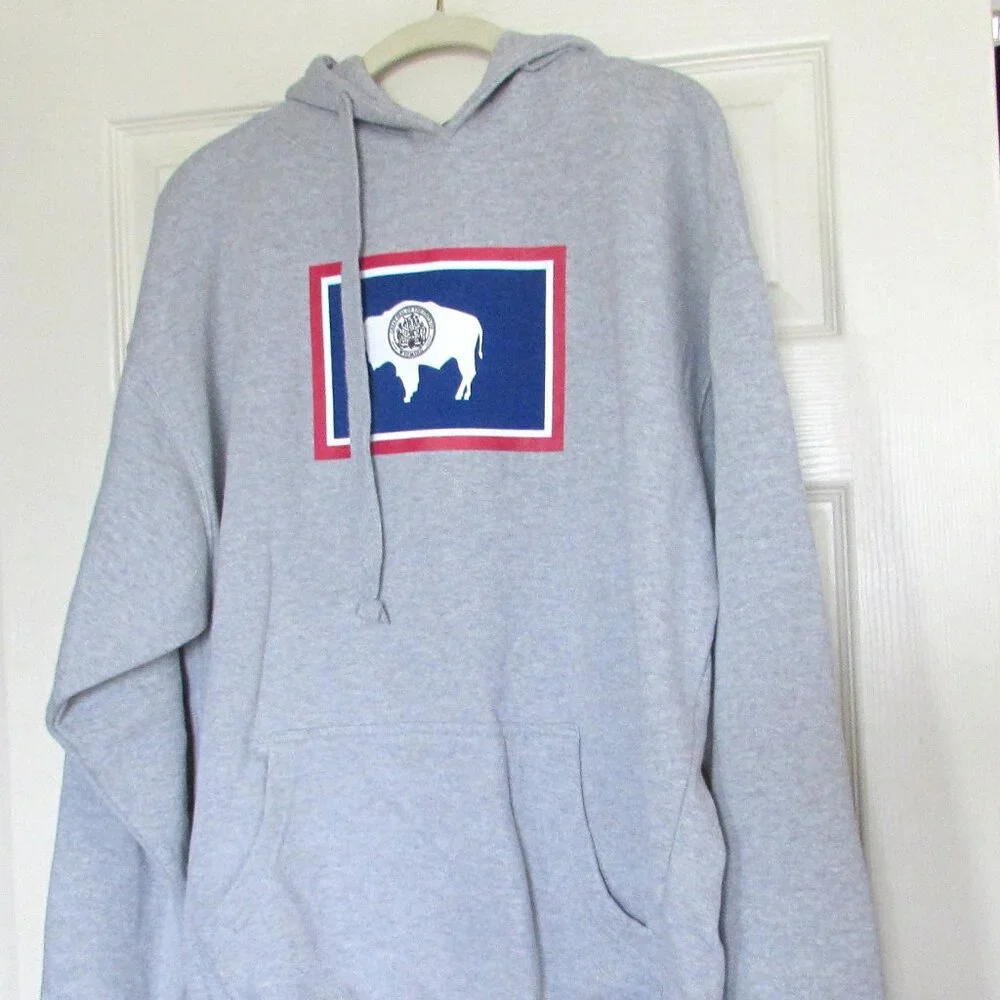 OURAY WYOMING Gray Hooded Sweatshirt With Buffalo  Size L
